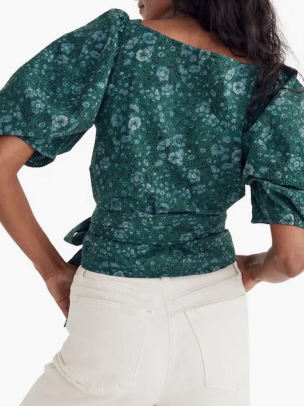 Madewell Green Floral Puff-Sleeve Wrap Top
